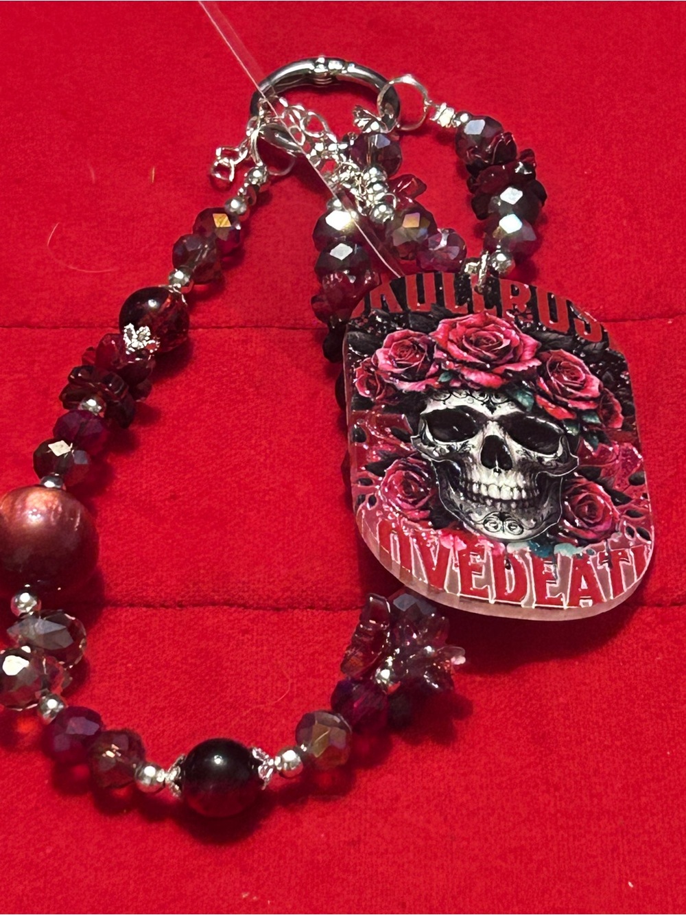 Red Beaded Skull & Rose Charm Bracelet